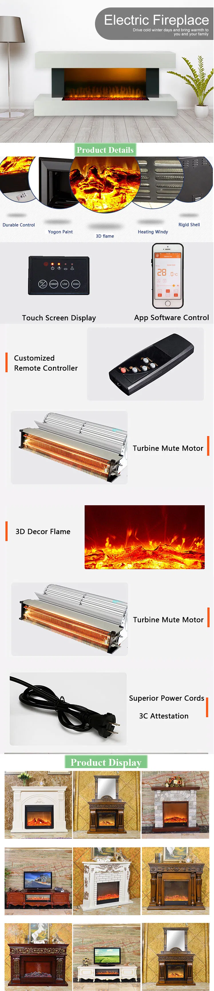 Wall Mounted LED Changeable Flame Thermostat Remote Control Electric Fireplace